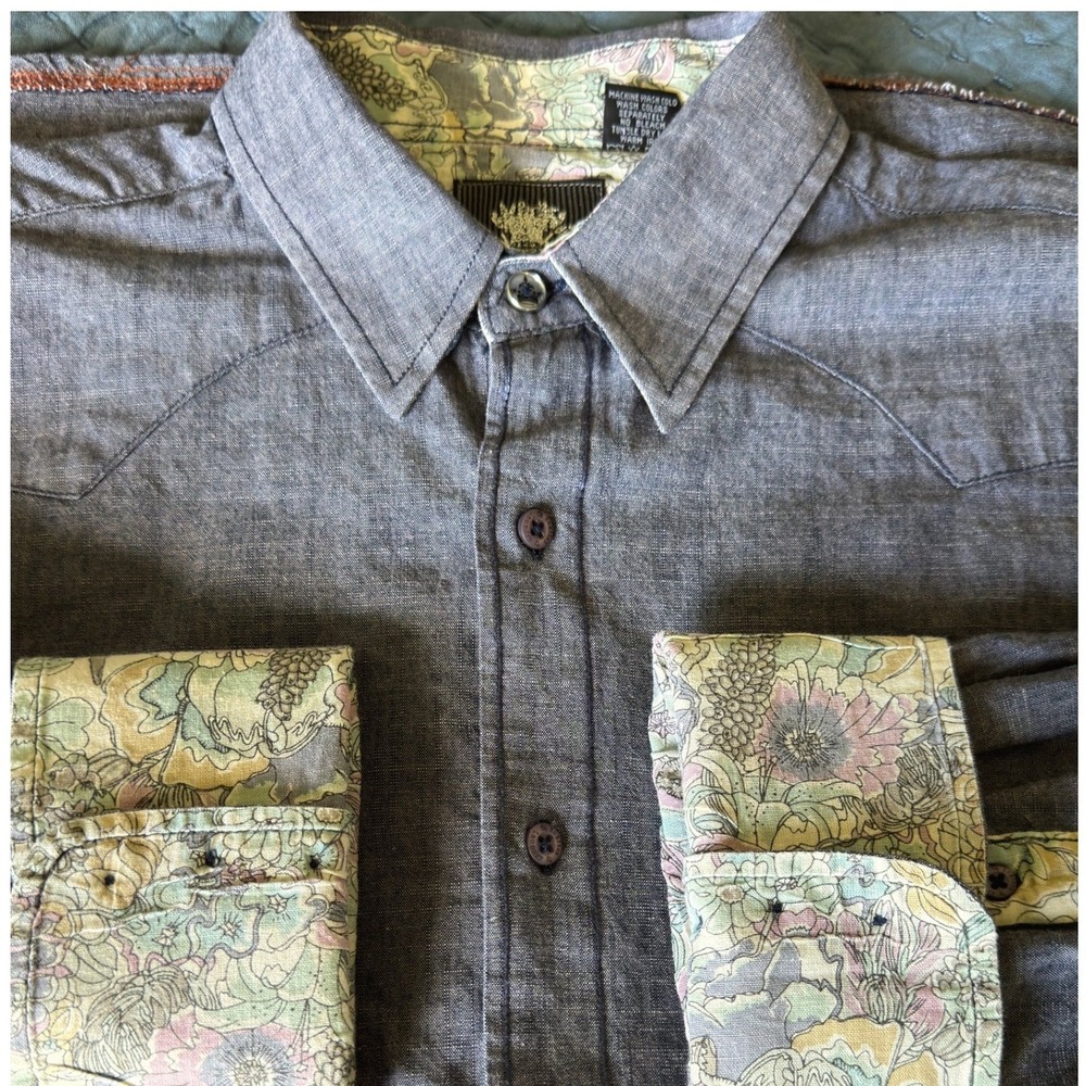 English Laundry Blaque Label Distressed Embroidered Shirt XXL Blue Gray Grunge